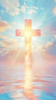 Bright, glowing cross rising from calm water under a beautiful, dramatic sky