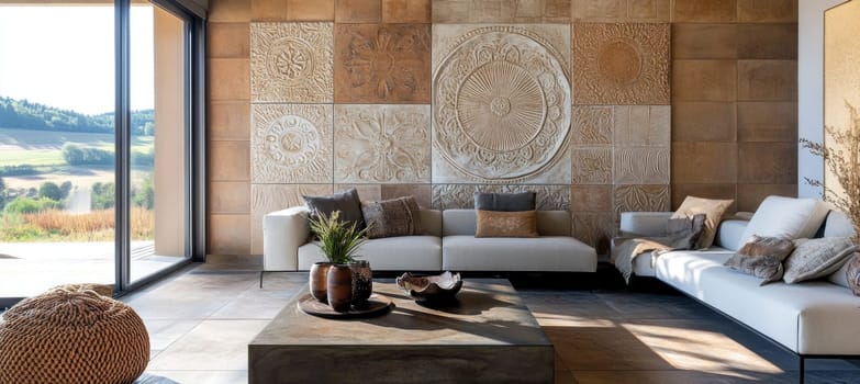 Elegant living room boasts decorative wall tiles and large windows offering breathtaking views of a picturesque countryside landscape