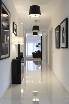 Stylish and modern corridor featuring black and white decor, illuminated by hanging lamps, creating a luxurious ambiance