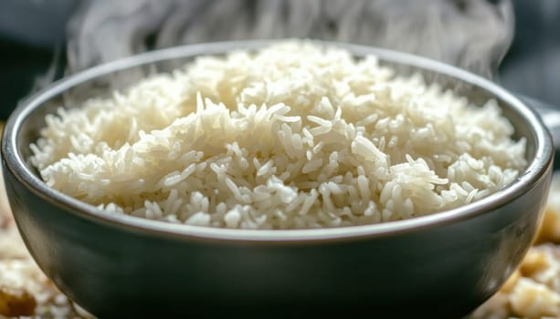 Steaming long grain rice in a bowl, ready to be served