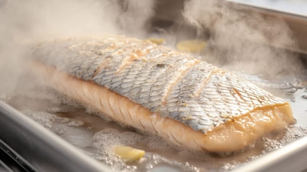 Close up of a salmon fillet steaming in a professional kitchen, highlighting the healthy cooking process