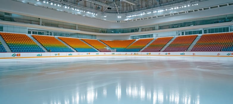 Wide shot of an empty ice rink with colorful grandstands, ready for a sporting event or public skating session
