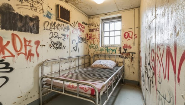Prison cell interior showing graffiti and a metal bed with a pillow