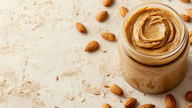 Glass jar with almond butter and almonds on white textured background