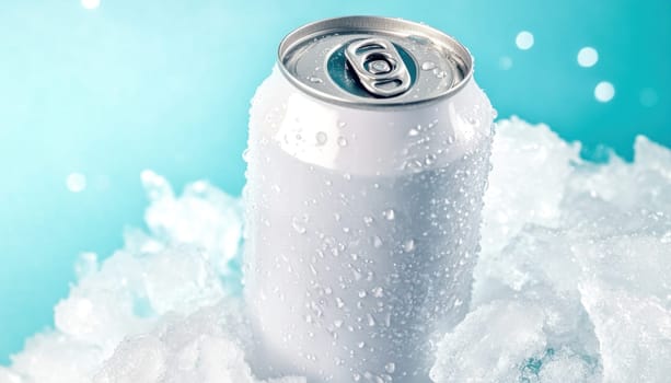 Refreshing white aluminum can chilling on ice with condensation, perfect for summer beverage advertising