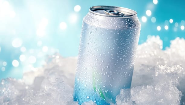 Metal can with condensation, placed on crushed ice, refreshing bokeh effect in the background
