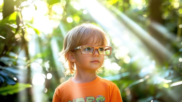 Portrait of a child wearing eyeglasses in a lush forest illuminated by sunbeams