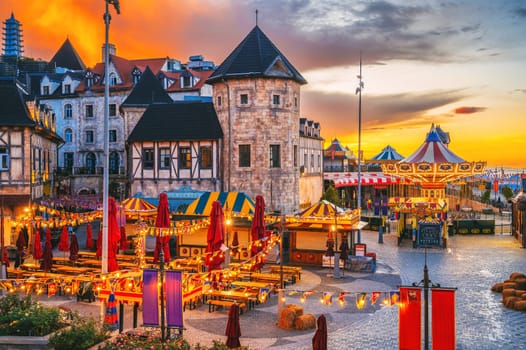 Medieval French village at Ba Na Hills Amusement Park in Da Nang in Vietnam at sunset