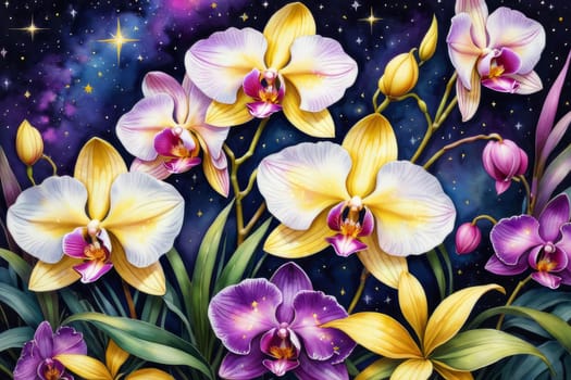 Beautifully detailed orchids in yellow and purple shades with vivid green leaves, on dark starry canvas, ideal for floral-themed designs and creative projects seeking elegance