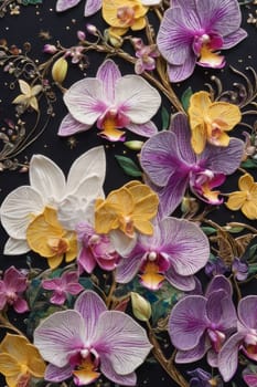 Captivating image of yellow and purple orchids with lush green leaves, set against rich starry background, perfect for adding elegance and natures beauty to creative projects