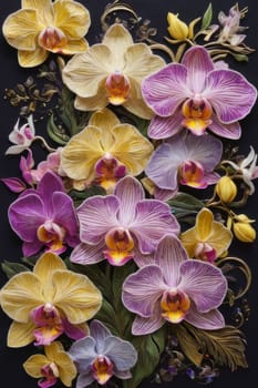 Captivating image of yellow and purple orchids with lush green leaves, set against rich starry background, perfect for adding elegance and natures beauty to creative projects
