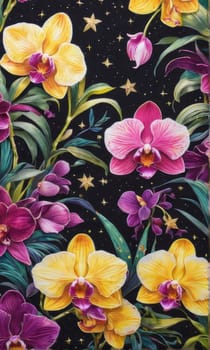 Captivating image of yellow and purple orchids with lush green leaves, set against rich starry background, perfect for adding elegance and natures beauty to creative projects