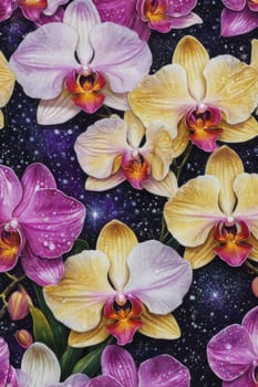 Captivating image of yellow and purple orchids with lush green leaves, set against rich starry background, perfect for adding elegance and natures beauty to creative projects