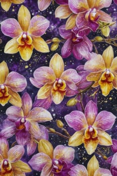Captivating image of yellow and purple orchids with lush green leaves, set against rich starry background, perfect for adding elegance and natures beauty to creative projects