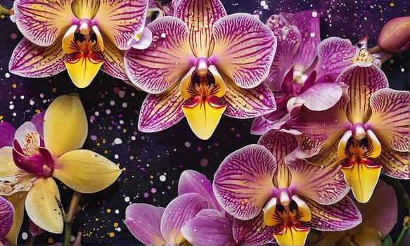Captivating image of yellow and purple orchids with lush green leaves, set against rich starry background, perfect for adding elegance and natures beauty to creative projects