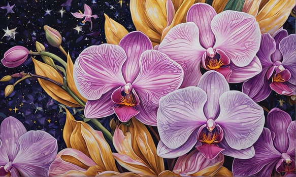 Captivating image of yellow and purple orchids with lush green leaves, set against rich starry background, perfect for adding elegance and natures beauty to creative projects