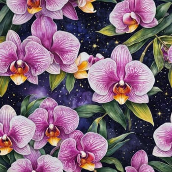 Gorgeous yellow and purple orchids with intricate petals and vibrant green leaves, on dark starry background, offering stunning visual appeal for nature-inspired designs
