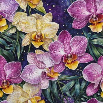 Gorgeous yellow and purple orchids with intricate petals and vibrant green leaves, on dark starry background, offering stunning visual appeal for nature-inspired designs