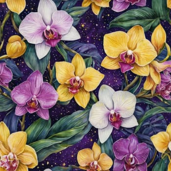 Gorgeous yellow and purple orchids with intricate petals and vibrant green leaves, on dark starry background, offering stunning visual appeal for nature-inspired designs