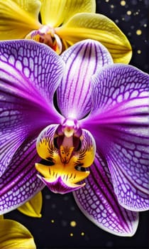 Gorgeous yellow and purple orchids with intricate petals and vibrant green leaves, on dark starry background, offering stunning visual appeal for nature-inspired designs
