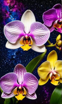 Gorgeous yellow and purple orchids with intricate petals and vibrant green leaves, on dark starry background, offering stunning visual appeal for nature-inspired designs