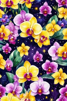 Gorgeous yellow and purple orchids with intricate petals and vibrant green leaves, on dark starry background, offering stunning visual appeal for nature-inspired designs