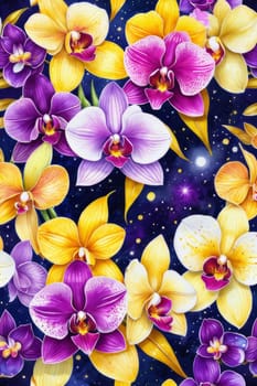 Gorgeous yellow and purple orchids with intricate petals and vibrant green leaves, on dark starry background, offering stunning visual appeal for nature-inspired designs