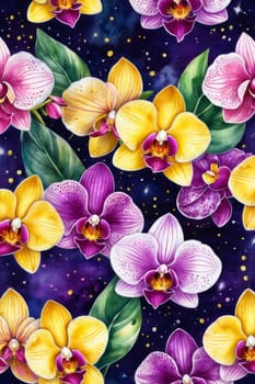 Gorgeous yellow and purple orchids with intricate petals and vibrant green leaves, on dark starry background, offering stunning visual appeal for nature-inspired designs