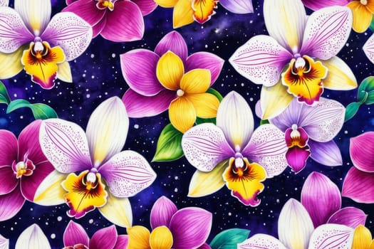Gorgeous yellow and purple orchids with intricate petals and vibrant green leaves, on dark starry background, offering stunning visual appeal for nature-inspired designs