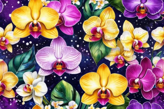 Gorgeous yellow and purple orchids with intricate petals and vibrant green leaves, on dark starry background, offering stunning visual appeal for nature-inspired designs