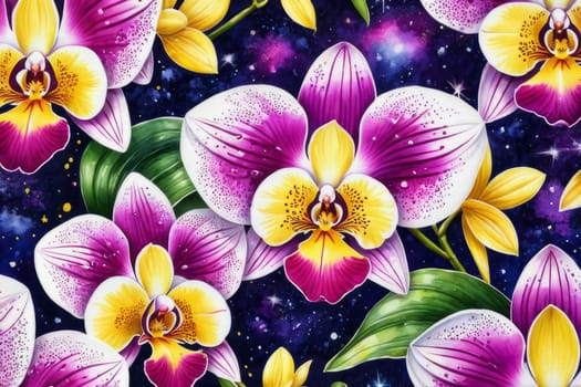 Gorgeous yellow and purple orchids with intricate petals and vibrant green leaves, on dark starry background, offering stunning visual appeal for nature-inspired designs