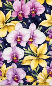 Gorgeous yellow and purple orchids with intricate petals and vibrant green leaves, on dark starry background, offering stunning visual appeal for nature-inspired designs