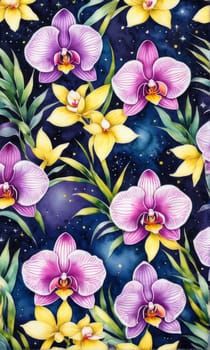 Charming orchids in yellow and purple tones with lush green leaves, positioned against deep starry backdrop, perfect for floral-themed designs and elegant nature-inspired projects