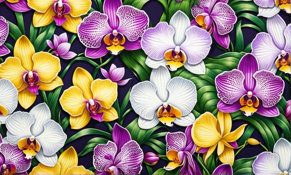 Charming orchids in yellow and purple tones with lush green leaves, positioned against deep starry backdrop, perfect for floral-themed designs and elegant nature-inspired projects