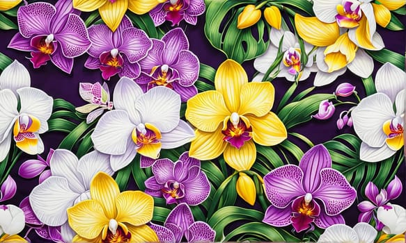 Charming orchids in yellow and purple tones with lush green leaves, positioned against deep starry backdrop, perfect for floral-themed designs and elegant nature-inspired projects