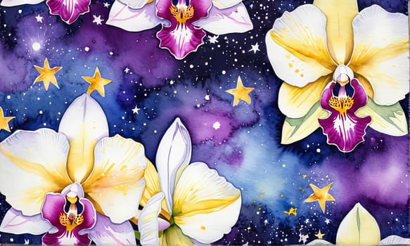 Charming orchids in yellow and purple tones with lush green leaves, positioned against deep starry backdrop, perfect for floral-themed designs and elegant nature-inspired projects