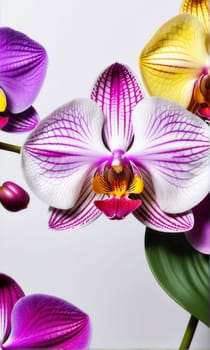 Charming orchids in yellow and purple tones with lush green leaves, positioned against deep starry backdrop, perfect for floral-themed designs and elegant nature-inspired projects