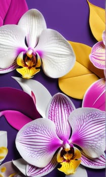 Charming orchids in yellow and purple tones with lush green leaves, positioned against deep starry backdrop, perfect for floral-themed designs and elegant nature-inspired projects