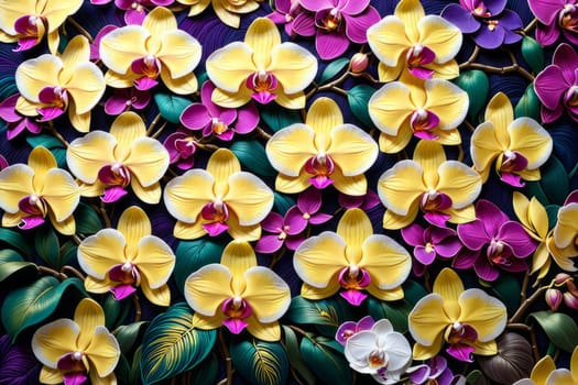 Charming orchids in yellow and purple tones with lush green leaves, positioned against deep starry backdrop, perfect for floral-themed designs and elegant nature-inspired projects