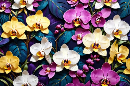 Charming orchids in yellow and purple tones with lush green leaves, positioned against deep starry backdrop, perfect for floral-themed designs and elegant nature-inspired projects