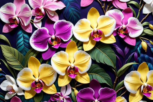 Charming orchids in yellow and purple tones with lush green leaves, positioned against deep starry backdrop, perfect for floral-themed designs and elegant nature-inspired projects