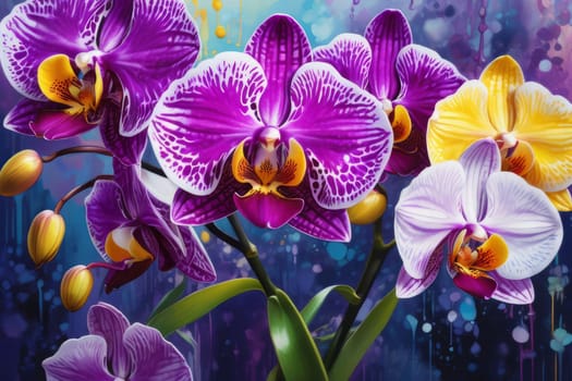 Charming orchids in yellow and purple tones with lush green leaves, positioned against deep starry backdrop, perfect for floral-themed designs and elegant nature-inspired projects