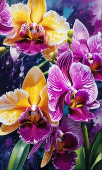 Charming orchids in yellow and purple tones with lush green leaves, positioned against deep starry backdrop, perfect for floral-themed designs and elegant nature-inspired projects