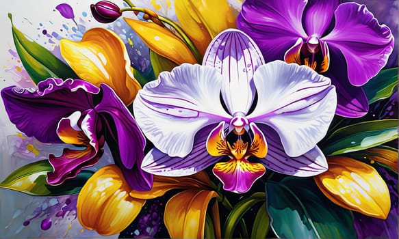 Charming orchids in yellow and purple tones with lush green leaves, positioned against deep starry backdrop, perfect for floral-themed designs and elegant nature-inspired projects