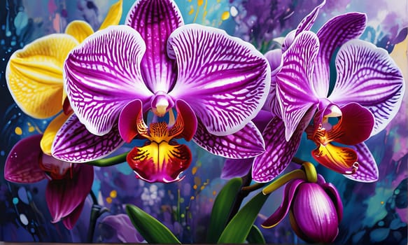 Charming orchids in yellow and purple tones with lush green leaves, positioned against deep starry backdrop, perfect for floral-themed designs and elegant nature-inspired projects