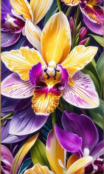 Charming orchids in yellow and purple tones with lush green leaves, positioned against deep starry backdrop, perfect for floral-themed designs and elegant nature-inspired projects