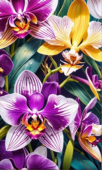 Charming orchids in yellow and purple tones with lush green leaves, positioned against deep starry backdrop, perfect for floral-themed designs and elegant nature-inspired projects