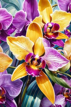 Charming orchids in yellow and purple tones with lush green leaves, positioned against deep starry backdrop, perfect for floral-themed designs and elegant nature-inspired projects