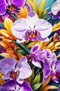 Charming orchids in yellow and purple tones with lush green leaves, positioned against deep starry backdrop, perfect for floral-themed designs and elegant nature-inspired projects