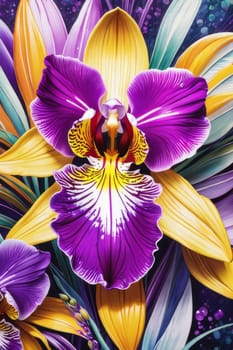 Charming orchids in yellow and purple tones with lush green leaves, positioned against deep starry backdrop, perfect for floral-themed designs and elegant nature-inspired projects